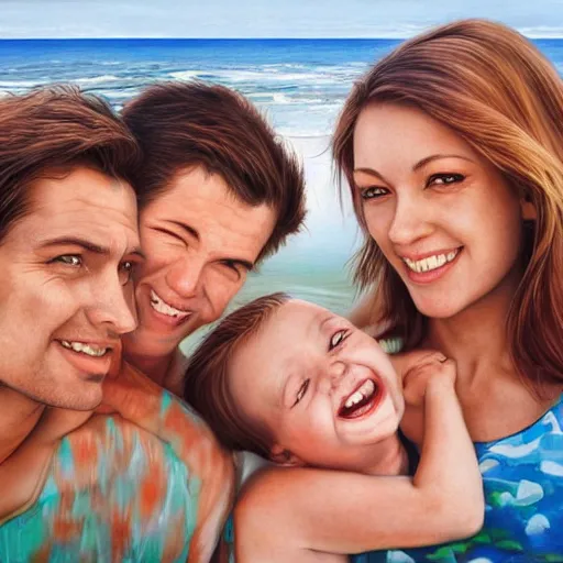 Prompt: portrait of a happy family at the beach, photo, realistic, smooth face, perfect eyes, wide angle, sharp focus, 8 k high definition, insanely detailed, intricate, elegant, art by artgerm