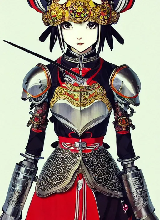 Prompt: takashi murakami, ilya kuvshinov, anime female knight in. ornate armor by, last exile, murata range, fine detail, perfect, dramatic lighting, dynamic composition, art deco, cel shading, vivid, rich texture, alphonse mucha, ( ( ( colorful ) ) ), ( ( ( yoshinari yoh ) ) ),