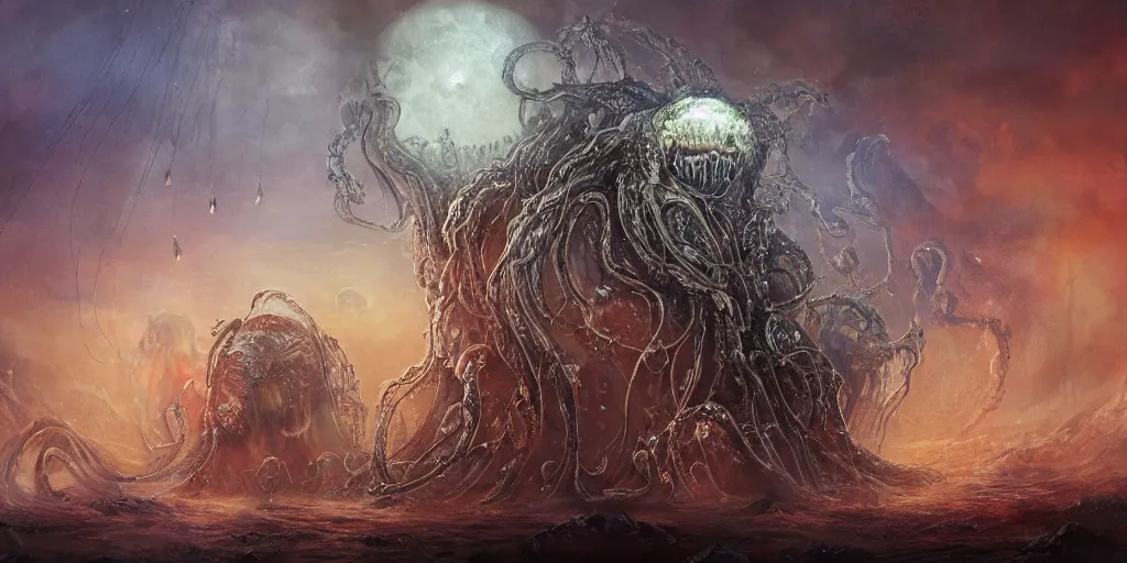 Prompt: concept art of giant translucent glowing jellyfishes, lovecraftian, lots of teeth, melting horror, round moon, rich clouds, fighting the horrors of the unknown, high resolution, very detailed, roaring, volumetric light, mist, grim, fine art, decaying, textured oil over canvas, epic fantasy art, very colorful, ornate, anato finnstark