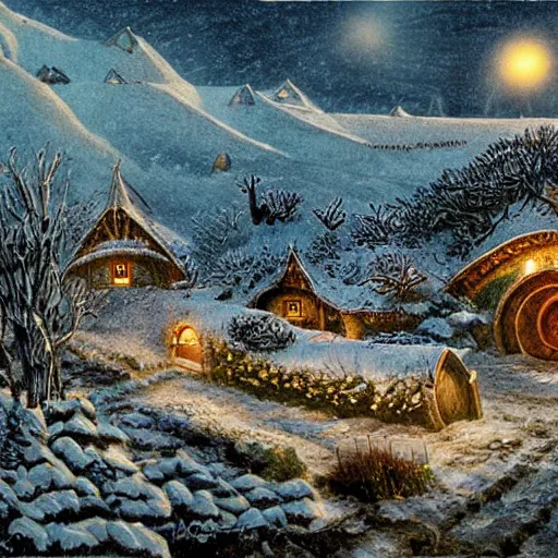 Image similar to detailed illustration of hobbiton in winter, from the lord of the rings