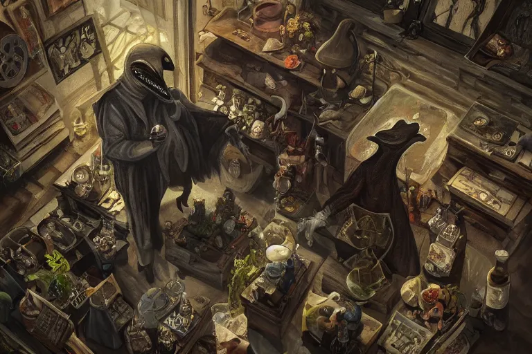 Prompt: borborygmos plague doctor, art by horacio altuna, trending on artstation, back lighting aerial view multiple exposure, still life, muted colors, unreal engine, baroque