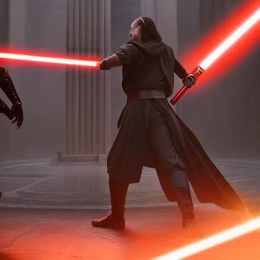 Image similar to A sith fighting a Jedi in the Jedi temple. Epic, cinematic lighting, dreary, other worldly.