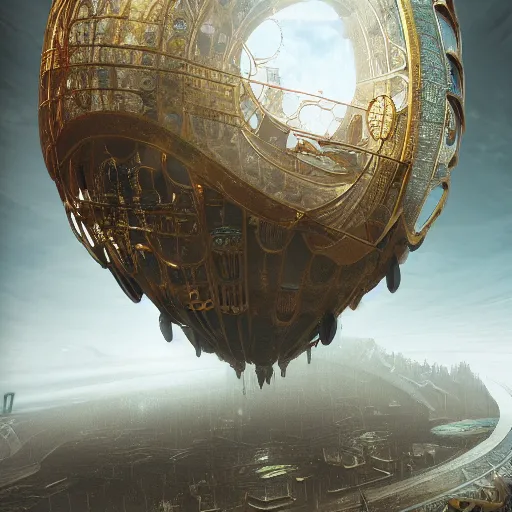 Image similar to enormous flying city in a faberge egg, sky, steampunk, fantasy art, masterpiece, hugh ferriss, octane render, peder balke