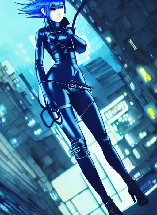 Prompt: hyper realistic photograph portrait of cyberpunk pretty girl with blue hair, beautiful blue eyes, wearing a full leather outfit, holding a whip, in city street at night, by makoto shinkai, ilya kuvshinov