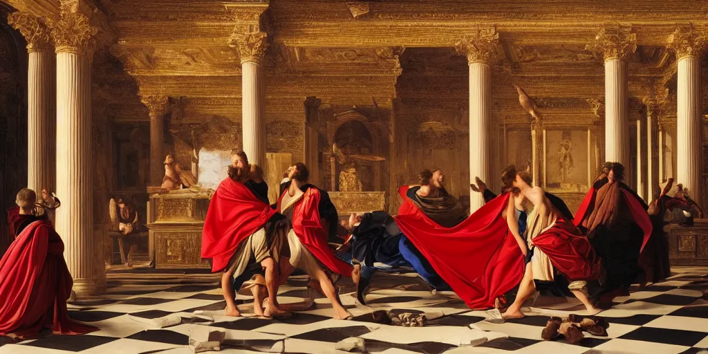 Image similar to beautiful oil matte portrait painting, men dressed in red capes and golden ornaments arguing inside a roman temple, wonderful masterpiece highly detailed, beautiful cinematic light deep focus, elegant, digital painting, smooth, sharp focus, golden ratio, dramatic illumination, ultra realistic, 8 k, art by artemisia lomi gentileschi and caravaggio