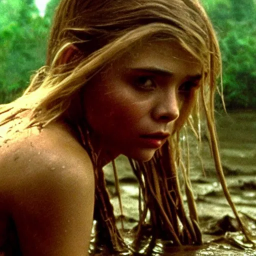 Prompt: film still, close up, chloe grace moretz rising out of muddy vietnam river, face covered in mud, low camera angle at water level, night time, film still from apocalypse now ( 1 9 7 9 ), 2 6 mm.