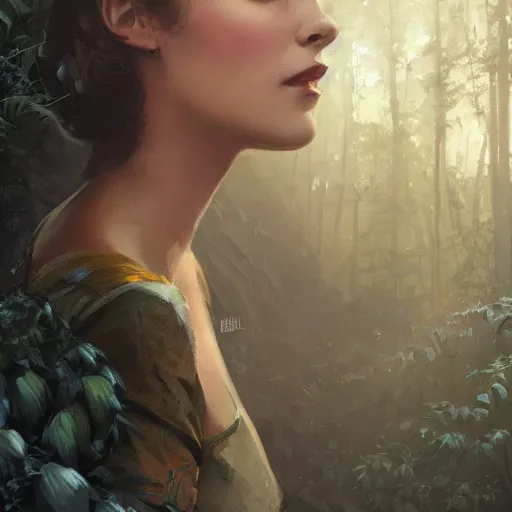 Image similar to closeup portrait of a young vivian leigh, forest background, megacity, gorgeous view, depth, high detail, digital art, painted by greg rutkowski, trending on artstation