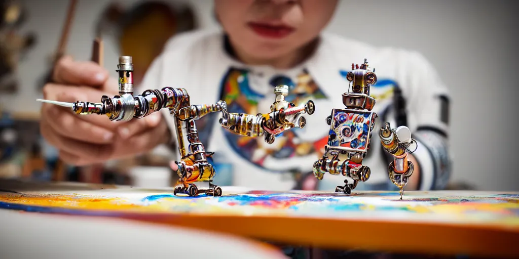 Image similar to closeup portrait of tin toy retro robot painter mixing gouache on white paper table in an artist workshop, depth of field, zeiss lens, detailed, centered, fashion photoshoot, by nicoletta ceccoli, mark ryden, lostfish, breathtaking, 8 k resolution, extremely detailed, beautiful, establishing shot, artistic, hyperrealistic, octane render