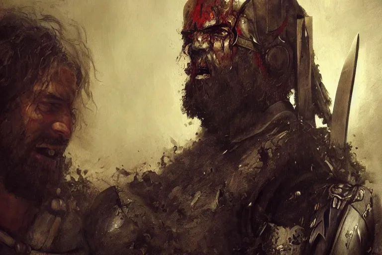 Image similar to portrait, realistic painting image about a templar knight has a chainsaw, versus a monster. dramatic scene, horror, dramatic lighting realism, created by gustave courbet and michaelangelo, trending in artstation, fine art, smooth draw with oil painting.