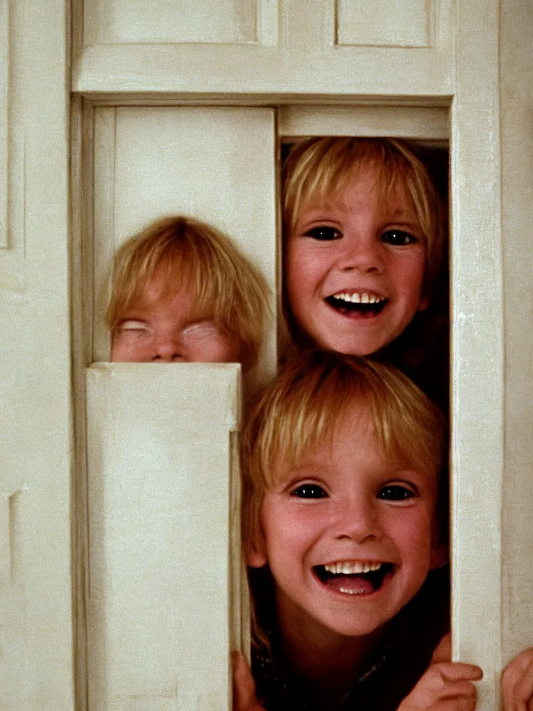 Image similar to a cute little blonde kid trying to see through a huge vertical crack on a white wooden door and grinning maniacally, a film still from the 1980 movie the shining, 4k, grainy, panavision
