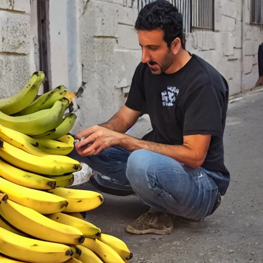 Prompt: zohan dvir building a stack of bananas on the ground