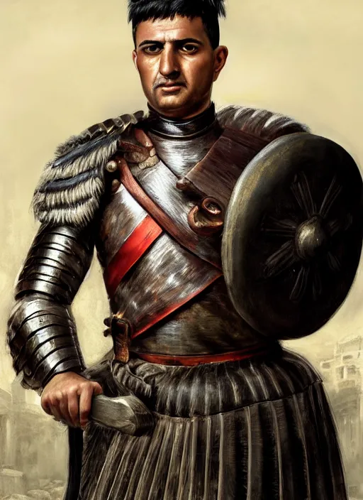 Prompt: roman general, handsome young man with black hair, ancient soldier, close - up portrait of roman centurion without helmet, character portrait, masterfully shaded, deep focus, amber eyes, insane color, artstation, perfect dramatic lighting, 8 k, game cover art, sharp focus, anatomically correct, historical reconstruction!!, by artgerm and greg rutkowski