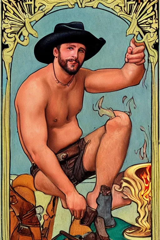 Prompt: a beautiful portrait painting of a handsome shirtless cowboy wearing cowboy hat and boots with a chunky build and belly next to a campfire, homoerotic!, tarot card, art deco!, art nouveau, by Walter Crane, by Mark Maggiori, trending on artstation