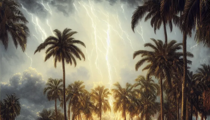 Image similar to a ultradetailed beautiful painting of the thundertorm sky of amazonas palace balustrade designed by gustave dore, derek zabrocki, greg rutkowski, belsinski, beach, trending on artstation, mediterranean, palm trees, sharp focus, colorful refracted sparkles and lines, soft light, 8 k 4 k