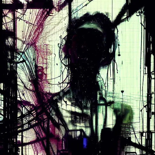 Image similar to a young punk woman lost in a cyberpunk noir glitchcore world of wires, and machines, by jeremy mann, francis bacon and agnes cecile, and dave mckean ink drips, paint smears, digital glitches glitchart