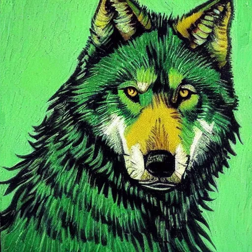 Image similar to green wolf, style of van gogh