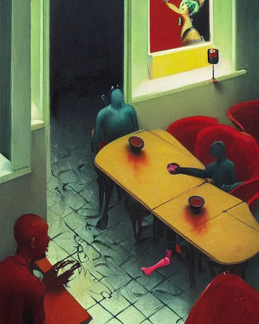 Image similar to a dark figure eating breakfast in a diner, high angle. oil on canvas. in the style of Francis Bacon and Zdzislaw Beksinski, Edward Hopper and Norman Rockwell, highly detailed, very coherent, triadic color scheme, Victo Ngai and surrealism, airbrush, very coherent, triadic color scheme, art by Takato Yamamoto and James Jean