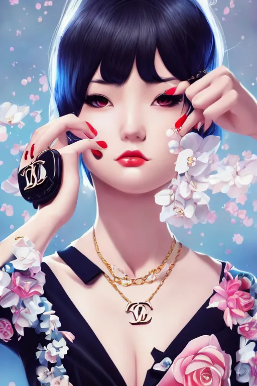 Image similar to a pin up and beautiful fashion dreamlke japan girl with lv jewelry, character art, art by artgerm and wlop and and ilya kuvshinov, hyperdetailed, 8 k realistic, symmetrical, frostbite 3 engine, cryengine, dof, trending on artstation, digital art, chanel, dior, fantasy background