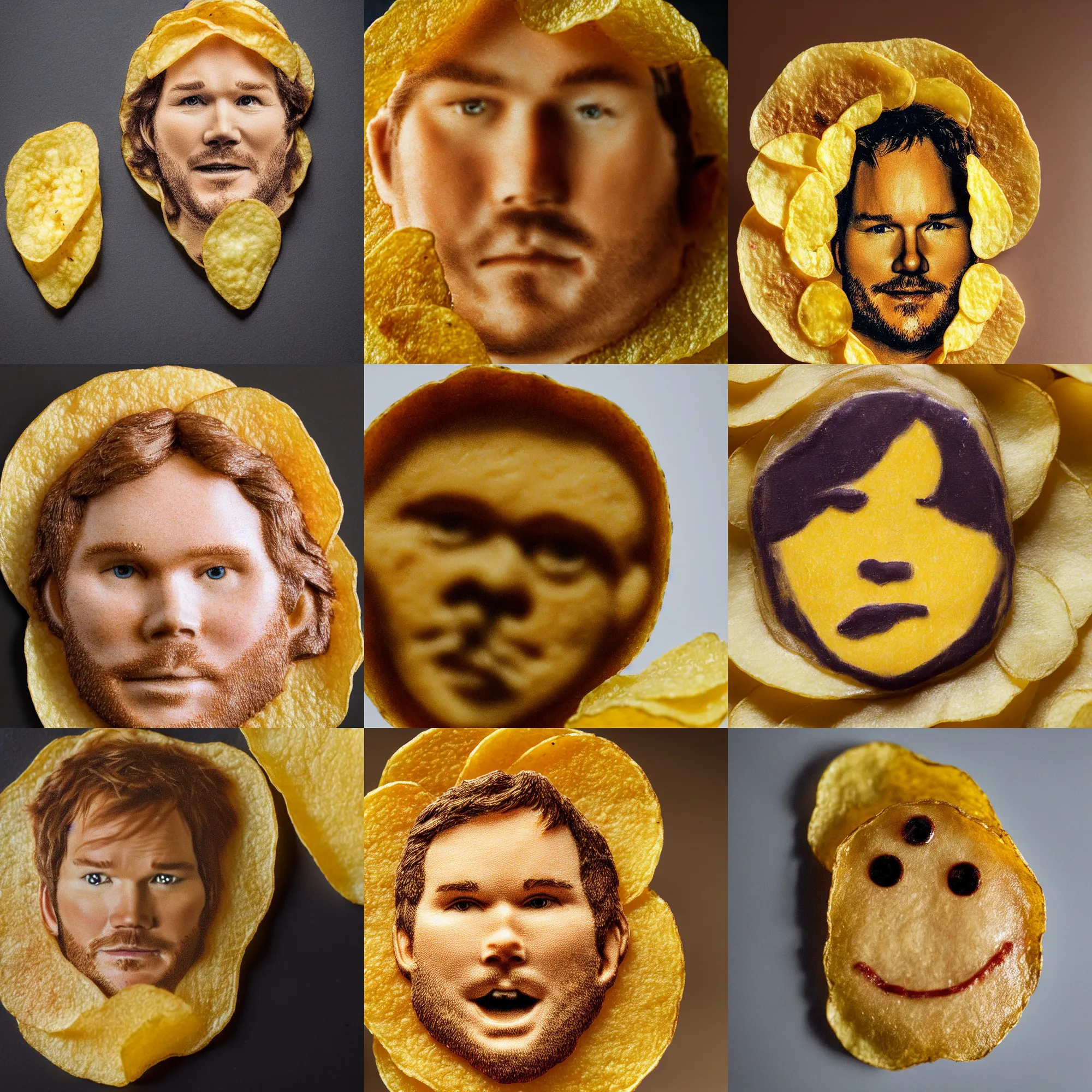 Prompt: potato chip that looks like chris pratt, chris pratt's face on a potato chip, macro shot, high detail photo, close up, cute, adorable