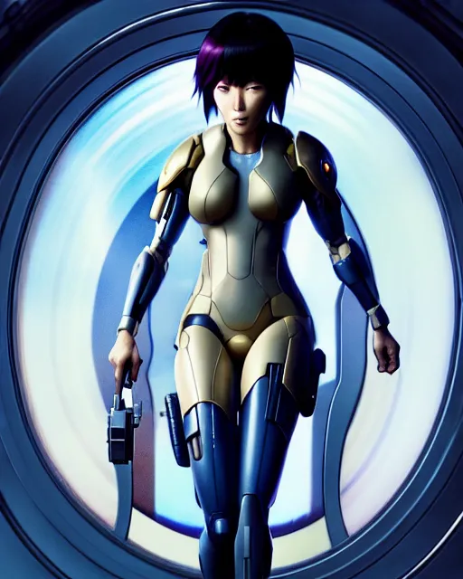 Image similar to weta disney pixar movie still portrait photo of motoko kusanagi the major ghost in the shell : : as cyborg woman by pixar : : by weta, wlop, ilya kuvshinov, rossdraws, artgerm, marvel, maxim cover, latex, octane render, sweaty, iridescent, bright morning, anime, liosh, mucha : :