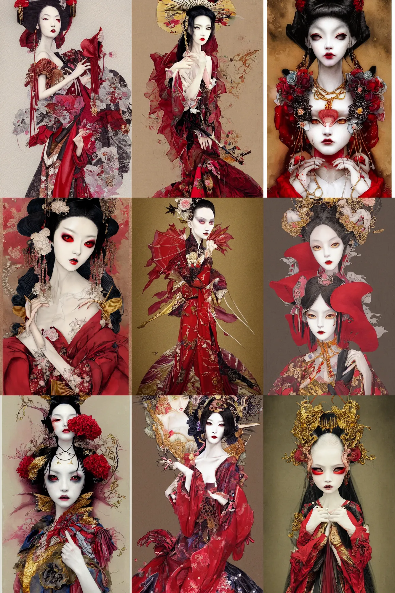 Prompt: watercolor painting avant - garde vogue fashion portrait of an japanese bjd geisha vampire queen with a long neck in a victorian lolitafashion red painted by yoshitaka amano, tom bagshaw, ayami kojima, intricate detail, artstation, artgerm, in the style of dark - fantasy rococo, gold leaf art