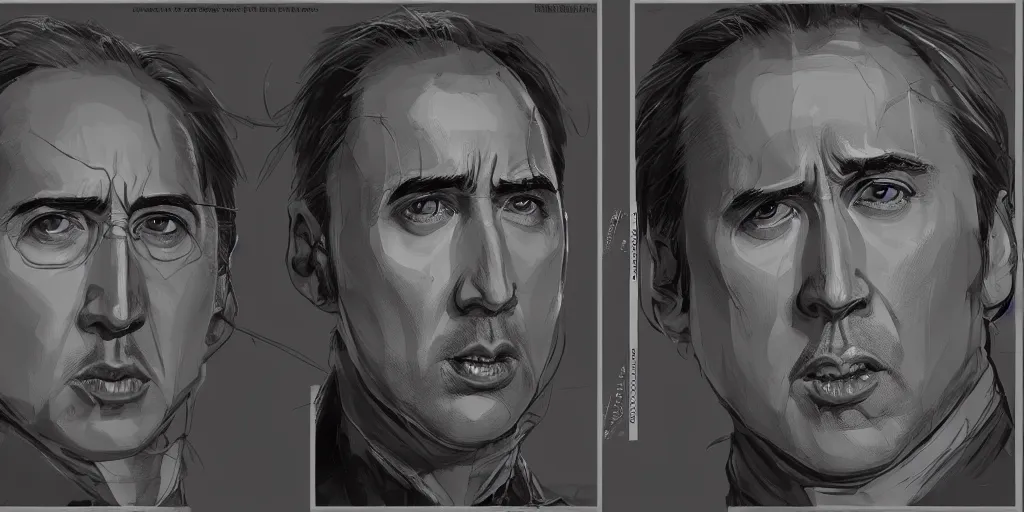 Image similar to nicholas cage, character sheet, concept design, contrast, kim jung gi, greg rutkowski, zabrocki, karlkka, jayison devadas, trending on artstation, 8 k, ultra wide angle, pincushion lens effect