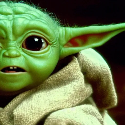 Image similar to a film still of baby yoda's son crying because of his dad's brutal death in star wars realistic, detailed