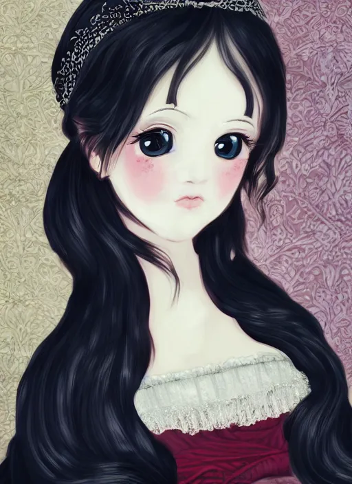 Prompt: a photograpic portrait of young woman, pride and prejudice, kawaii style, with kind face, dark hair, georgian dress, intricate, elegant, highly detailed, digital painting, smooth, sharp focus