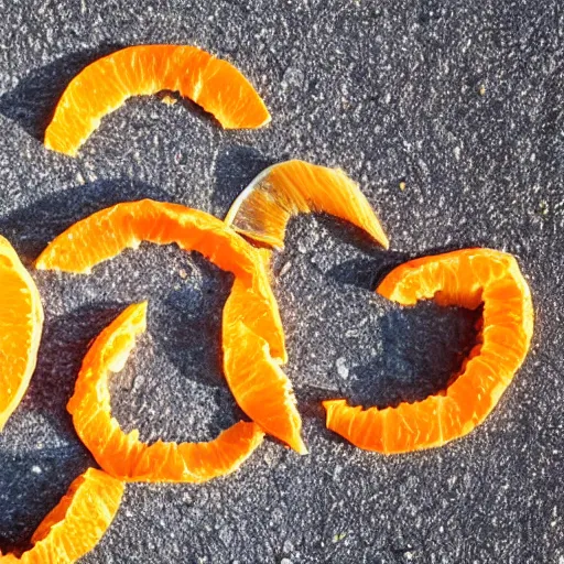 Prompt: Sunflower seeds and pieces of a peeled orange on a NYC sidewalk on a hot sunny day in the shape of a smiley face
