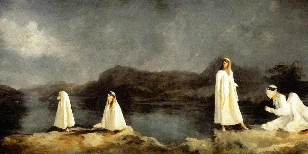 Prompt: hyperrealismBaptism on the river girls in white capes and death angels landscape in style of Goya