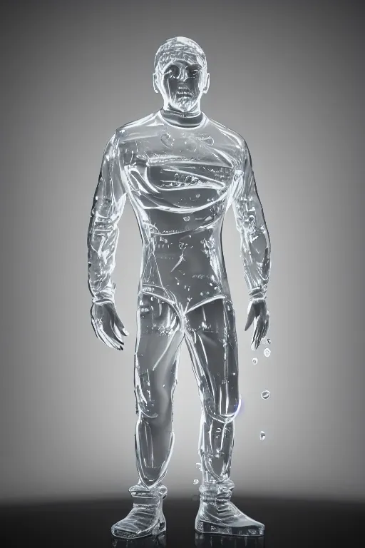 Image similar to transparent ice sculpture of squatting man in tracksuit, shiny, ultra realistic render, 4k, volumetric lighting, highly detailed, studio lighting, octane render, glowng, cold mist