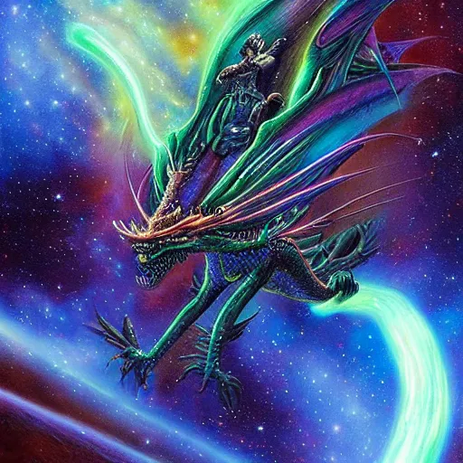 Image similar to a metallic bioluminescent alien dragon flying in outer space, epic nebula, Dan Seagrave art