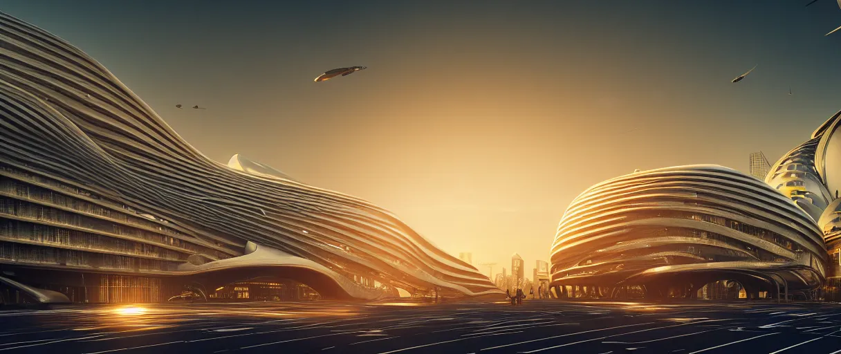 Image similar to modern beautiful Saha Hadid building, hypermaximalistic, high details, cinematic, 8k resolution, beautifully detailed, insanely intricate details, artstation trending, octane render, unreal engine, bright lit interiors, warm yellow lights, golden hour, city background in silhouette,