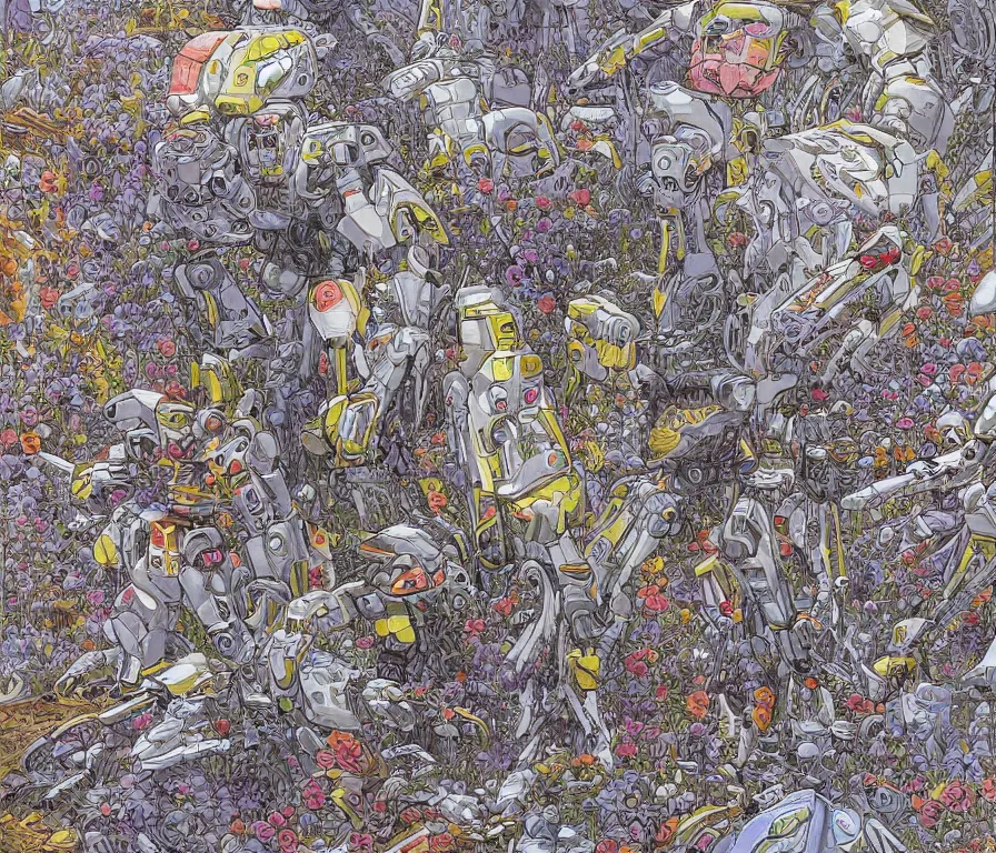 Image similar to a battle mech war in a mystical field of flowers, detailed line drawing, intricate, hd, digital art, complementing colors, detailed, illustration painting by alex gray, digital art, moebius