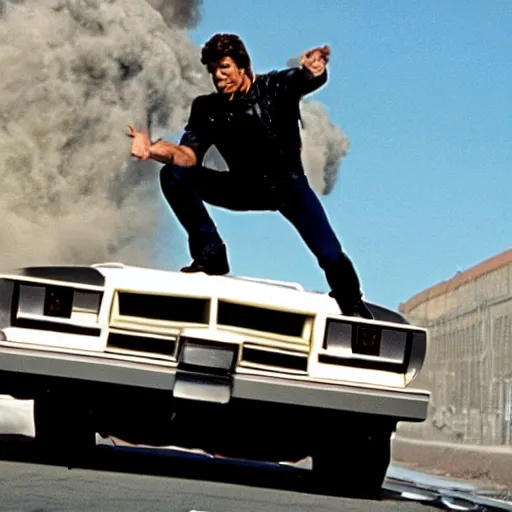 Image similar to movie still of kitt from the knight rider jumping over a truck