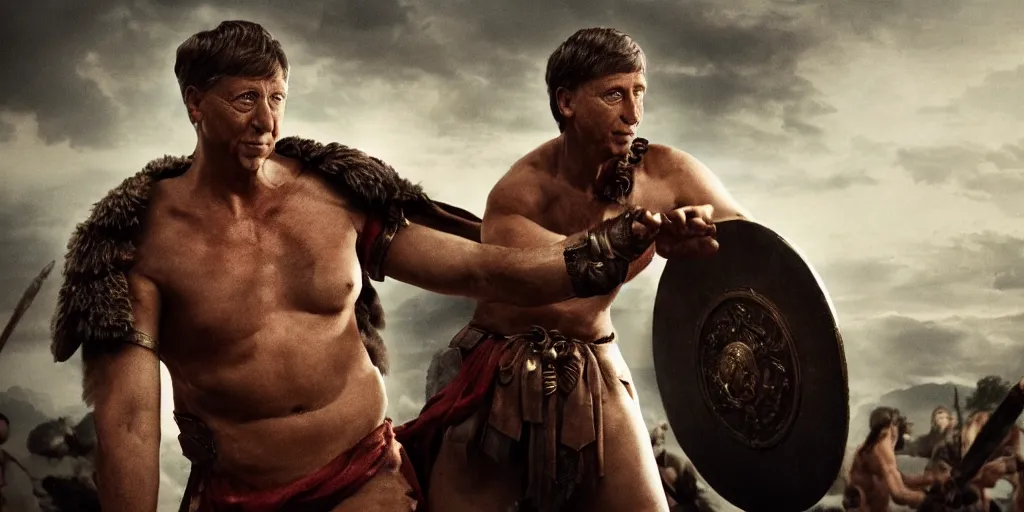 Prompt: bill gates as a glorious buff roman warrior, cinematic, dramatic lighting