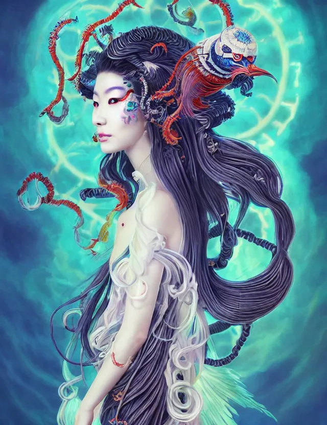 Image similar to 3 d slvic goddess half - turn portrait with long hair with ram skull. beautiful intricately detailed japanese crow kitsune mask and clasical japanese kimono. betta fish, jellyfish phoenix, bio luminescent, plasma, ice, water, wind, creature, artwork by tooth wu and wlop and beeple and greg rutkowski