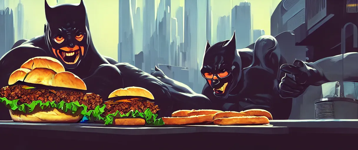 Image similar to hyperrealistic hyper detailed graphic novel choonky catman crushing burgers concept art james paick syd mead sharp cinematic lighting 8k wide angle shallow depth of field