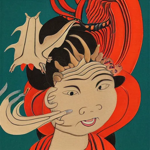 Image similar to ordered by yasuo kuniyoshi, by audrey kawasaki. a conceptual art of a young boy disguised as a dragon. the boy is shown wearing a costume with dragon - like features, including a long tail, wings, & horns. he has a large grin on his face, suggesting that he is enjoying his disguise.