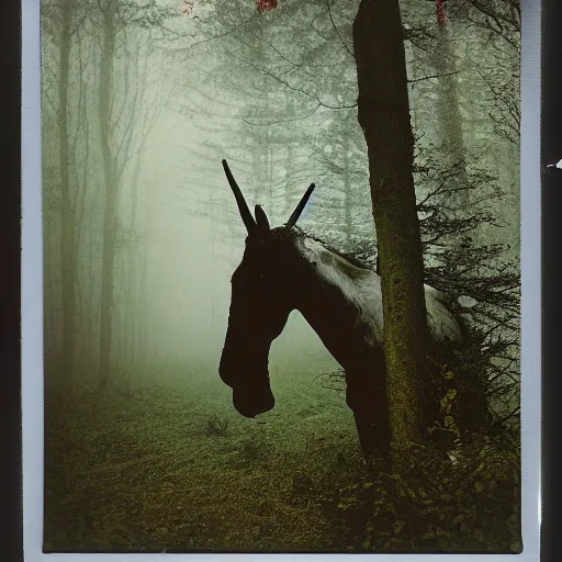 Image similar to wounded young unicorn in a foggy forest, polaroid photography in style of andrey tarkovski, spiritual, mystical, sublime