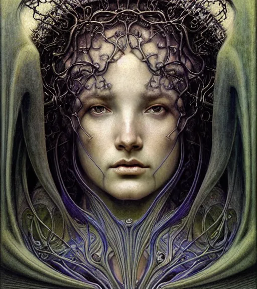 Prompt: detailed realistic beautiful young medieval alien queen face portrait by jean delville, gustave dore and marco mazzoni, art nouveau, symbolist, visionary, gothic, pre - raphaelite, iridescent fractal details. horizontal symmetry by zdzisław beksinski, iris van herpen, raymond swanland and alphonse mucha. highly detailed, hyper - real, beautiful