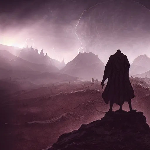 Prompt: a big colossal rock titan medieval style standing on the mountain looking at the planet hills foggy stars award winning, trending on artstation, unreal engine