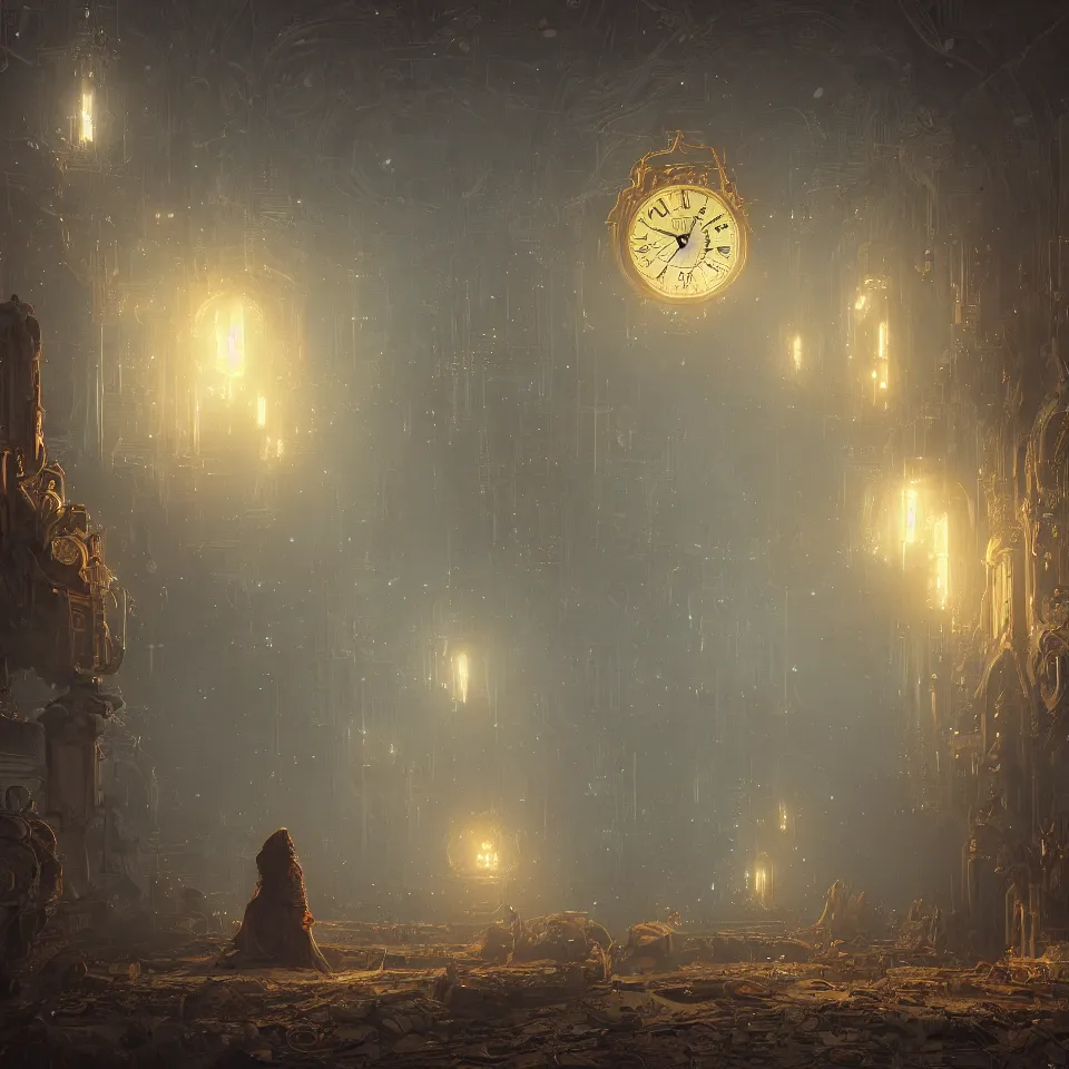 Image similar to the last clock on earth, the end of the time, intricate, elegant, glowing lights, highly detailed, digital painting, artstation, concept art, smooth, sharp focus, illustration, greg rutkowski, 8 k, very high resolution, processing, extremely hyperdetailed