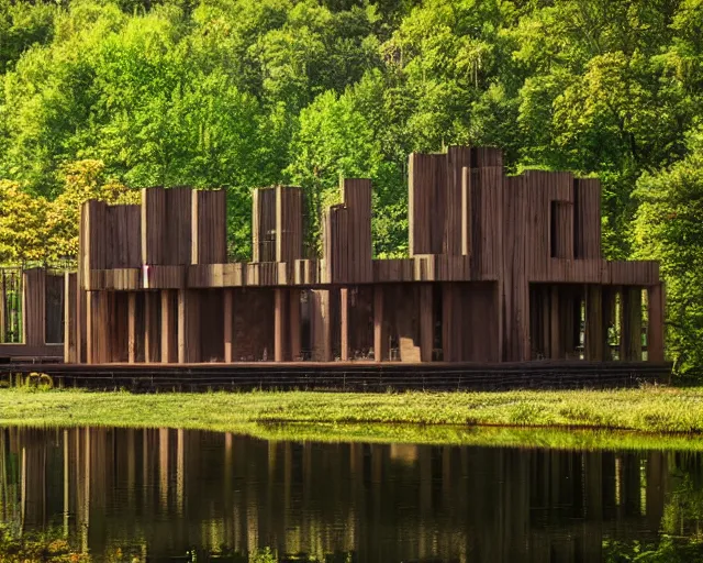 Image similar to pagan brutalist building made of carved wood near a pond and forest, a lot of chimes and calmness