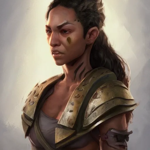 Prompt: beautiful, very strong, mixed race, female, middle aged, face, no makeup, scarred, warrior, head shot, fantasy, highly detailed, digital painting, artstation, concept art, smooth, sharp focus, illustration, art by jodie muir and brom