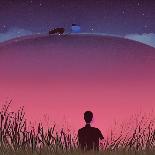 Prompt: a silhouette of a person sitting in a grass field, they are looking up at the sky in which there is a comet passing in front of them, shot from the back digital art trending on artstation