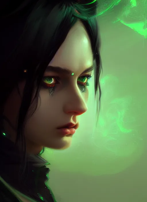 Image similar to black hair with green eyes girl, pyromancer, intricate, elegant, highly detailed, digital painting, artstation, concept art, smooth, sharp focus, illustration, ethereal, misty, by ilya kuvshinov and jeremy mann, 8 k, octane render