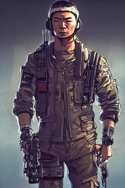 Image similar to Dangerous Hiro. buff Japanese cyberpunk mercenary wearing a cyberpunk tactical headset and military vest. square face. Realistic Proportions. Concept art by James Gurney and Laurie Greasley. Moody Industrial skyline. ArtstationHQ. Creative character design for cyberpunk 2077.