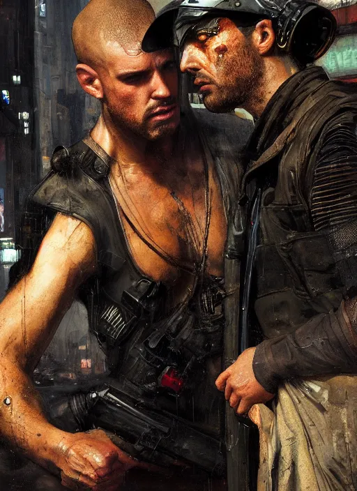 Prompt: 🤼 merc tries to intimidate assassin. cyberpunk mercenary in a military vest ( blade runner 2 0 4 9, cyberpunk 2 0 7 7 ). orientalist portrait by john william waterhouse and james gurney and theodore ralli and nasreddine dinet, oil on canvas. cinematic, hyper realism, realistic proportions, dramatic lighting, high detail 4 k