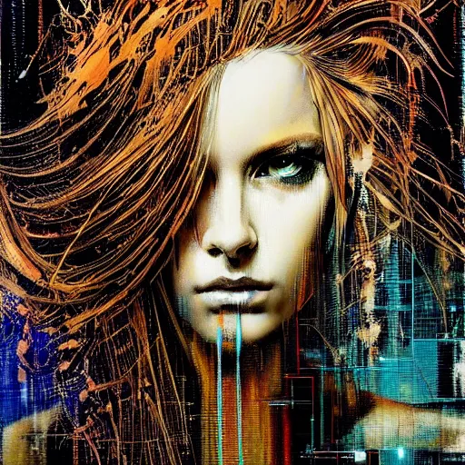 Prompt: hyperrealistic portrait of a mysterious cyberpunk woman with flowing hair, by Guy Denning, Russ Mills, beautiful, elusive, glitch art, hacking effects, glitch effects, brown eyes, abstract blocks, digital tech effects, cybernetics, detailed lines, intricate detail, holographic, polished, chromatic, clear, color blocking!, acrylic on canvas, octane, concept art, abstract, red face, front view, artistic, 8k, cgsociety, trending on artstation